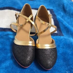 Women’s Gold Strappy Black Glitter Flats